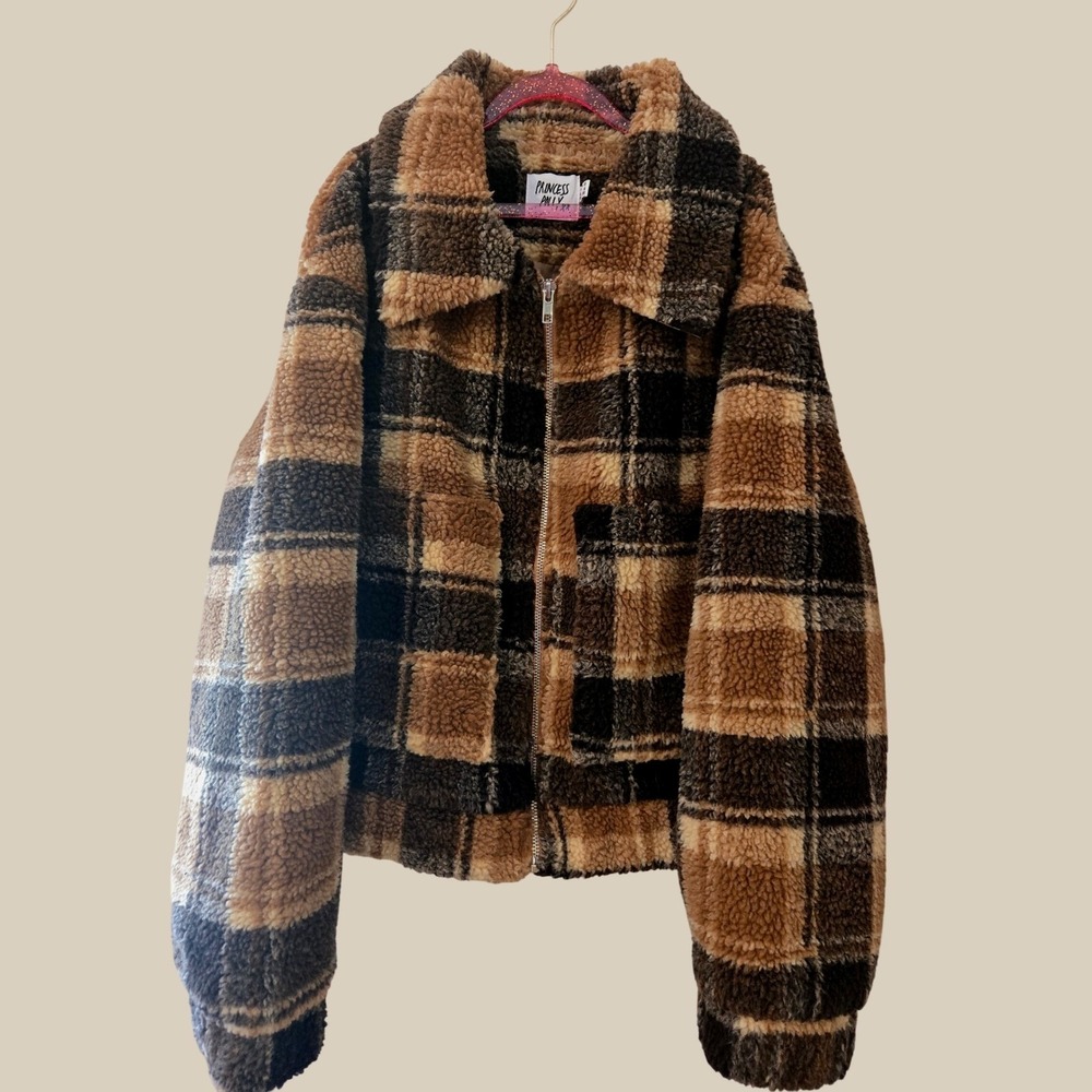 Princess Polly Plaid Teddy Jacket Brown Tan Sherpa Fleece Zip Up Coat Women 6
